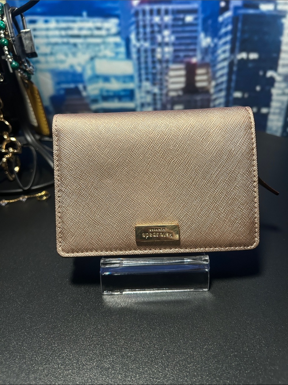 kate spade Rose Gold Compact Wallet with Gold Crown Keychain